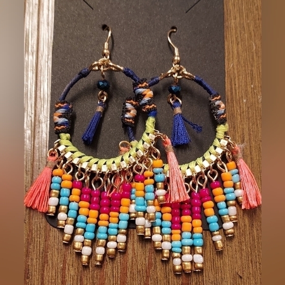 Source Unknown Jewelry - Gold Tone Colorful Boho Dangle Earrings 3.5"